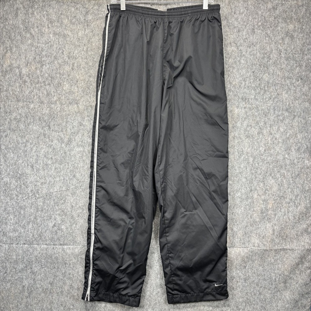 Vintage Y2K Nike Track Pants Black Men's Large Swoosh Baggy Ankle Zip Striped